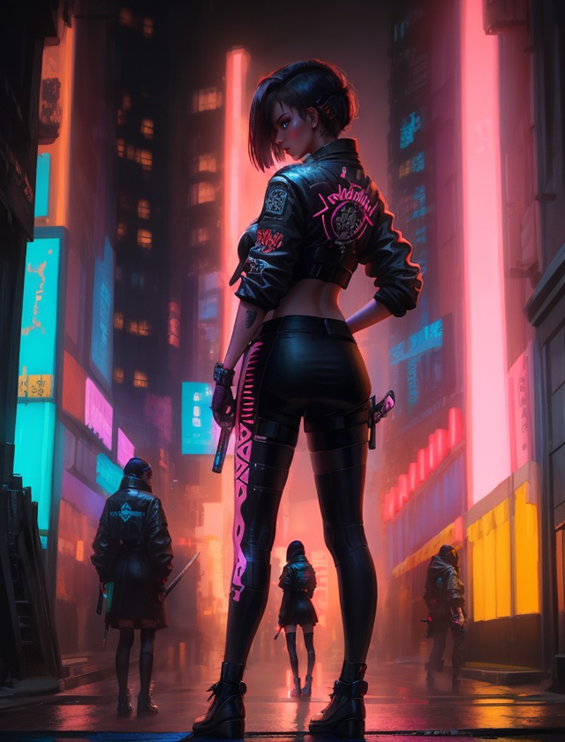 girl, standing on the street, holding a katana in her hand, cyberpunk 2077, complex background, night, neon lights, dramat...